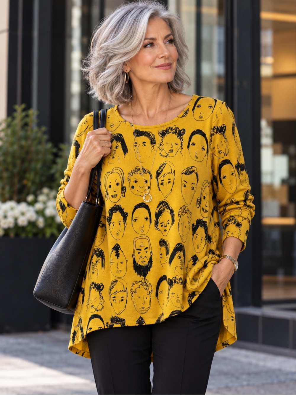 La Vie Lente Fashion Mustard Yellow Artsy Faces Print Tunic Top M/L